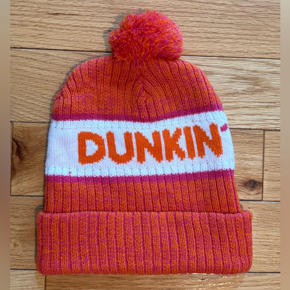 Dunkin Donuts Coffee Beanie Hat Cap Orange Winter Knit Pom Pom Adult OS